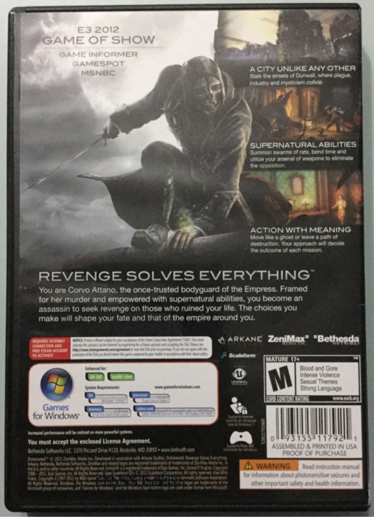 Dishonored - PC (Bethesda - 1) video game collectible [Barcode 093155117921] - Main Image 2