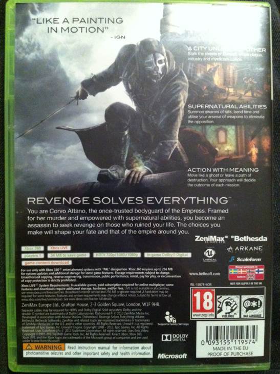 Dishonored - Microsoft Xbox 360 (Bethesda Softworks) video game collectible [Barcode 093155119574] - Main Image 2