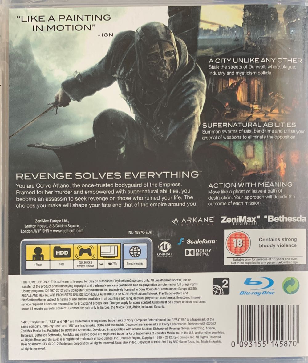 Dishonored - Sony PlayStation 3 (PS3) (Bethesda - 1) video game collectible [Barcode 093155145870] - Main Image 2