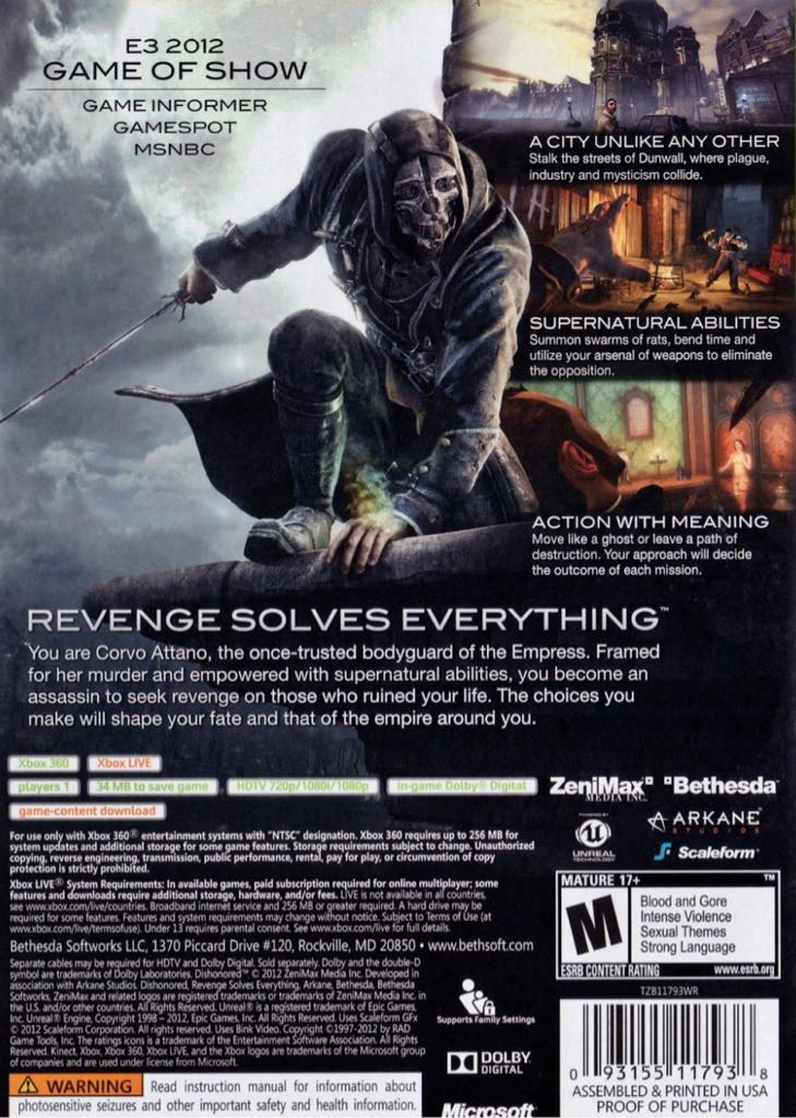 Dishonored 1 - Microsoft Xbox 360 (Bethesda - 1) video game collectible [Barcode 16082014] - Main Image 2