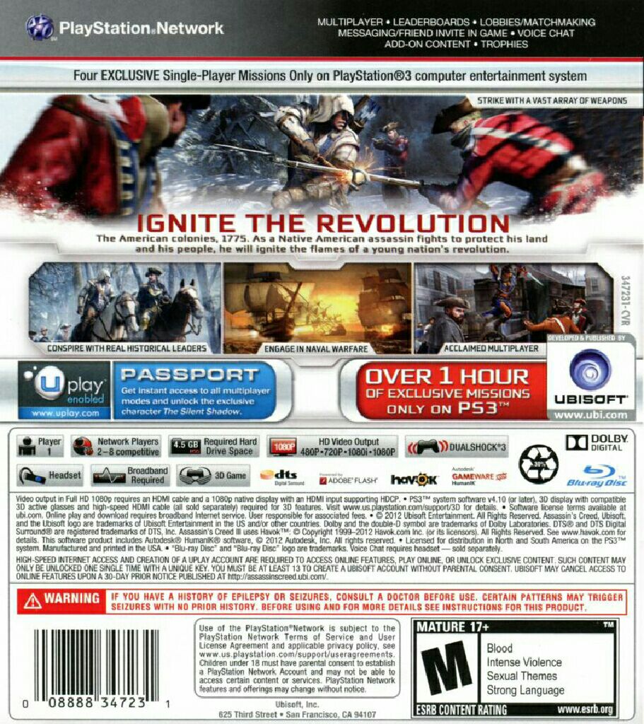 Assassins Creed 3 - Sony PlayStation 3 (PS3) (Ubisoft - 1) video game collectible [Barcode 008888367376] - Main Image 2