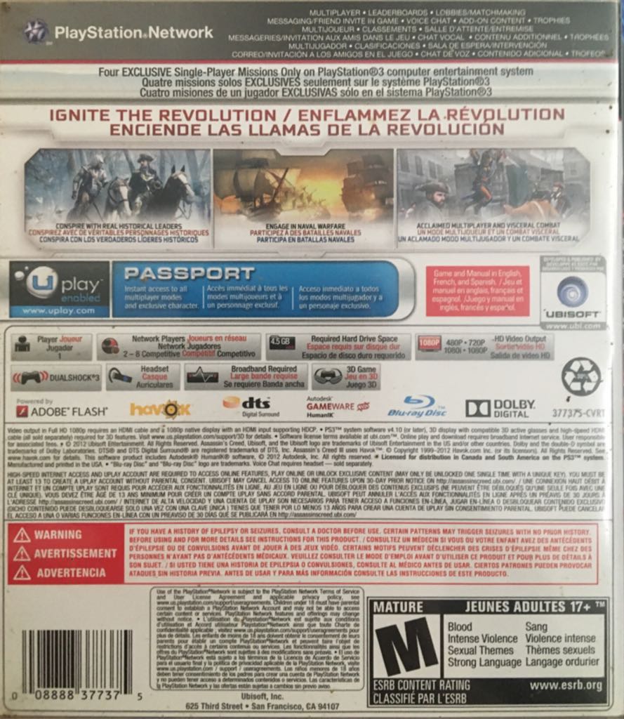 Assassin’s Creed III, PS3 - Sony PlayStation 3 (PS3) (Ubisoft) video game collectible [Barcode 008888377375] - Main Image 2