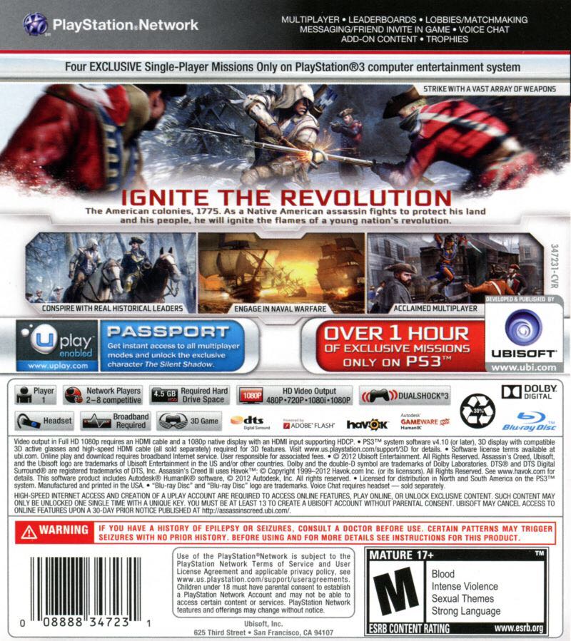 Assassinâs Creed III - Sony PlayStation 3 (PS3) (Ubisoft - 1) video game collectible [Barcode 3307215636800] - Main Image 2