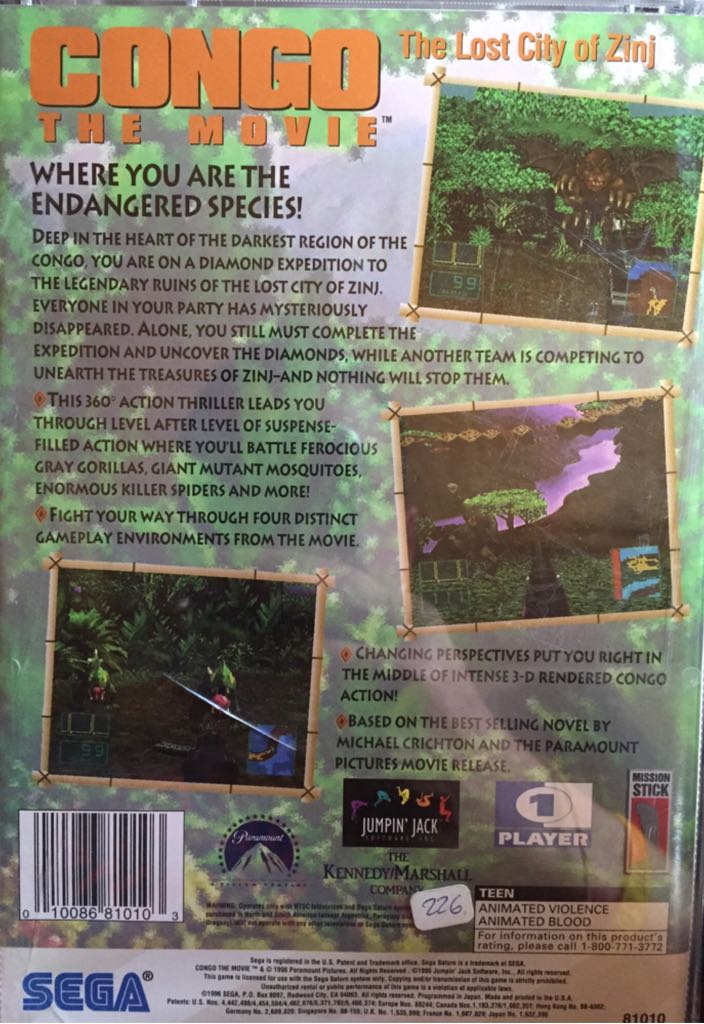 Congo the Movie: The Lost City Of Zinj - Sega Saturn (Jumpin’ Jack Software - 1) video game collectible [Barcode 010086810103] - Main Image 2