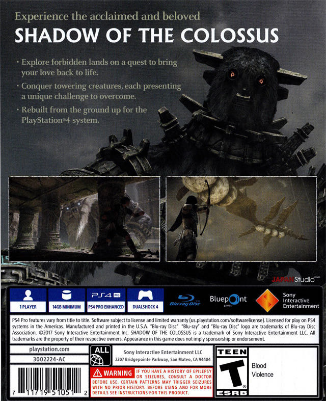 Shadow Of The Colossus - Sony PlayStation 4 (PS4) (Sony Computer Entertainment - 1) video game collectible [Barcode 711719510734] - Main Image 2