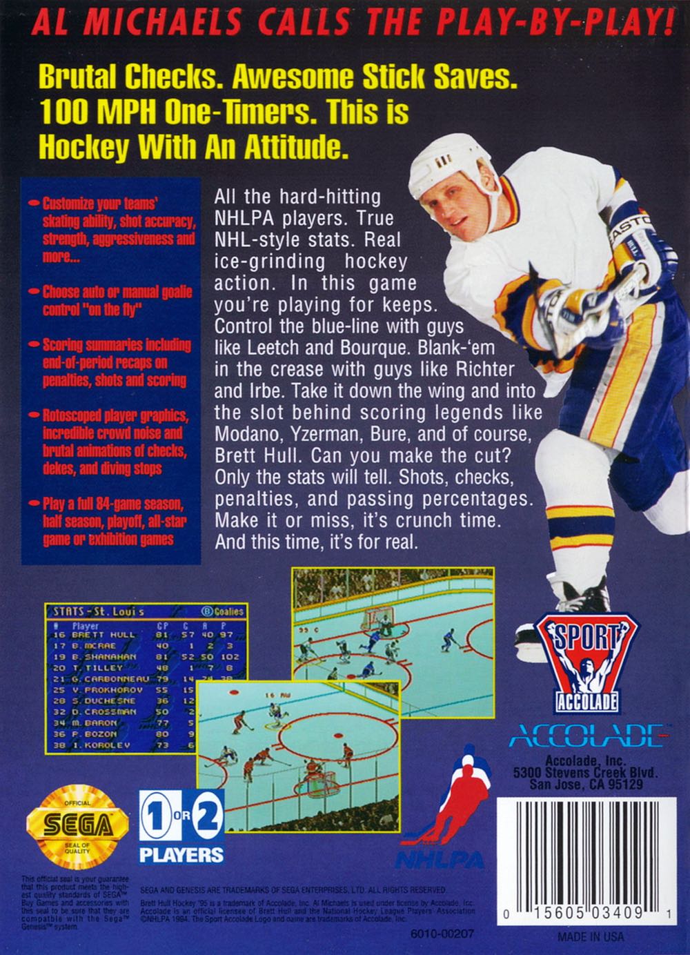Brett Hull Hockey ’95 - Sega Genesis (Mega Drive) (Accolade - 1-2) video game collectible [Barcode 015605034091] - Main Image 2