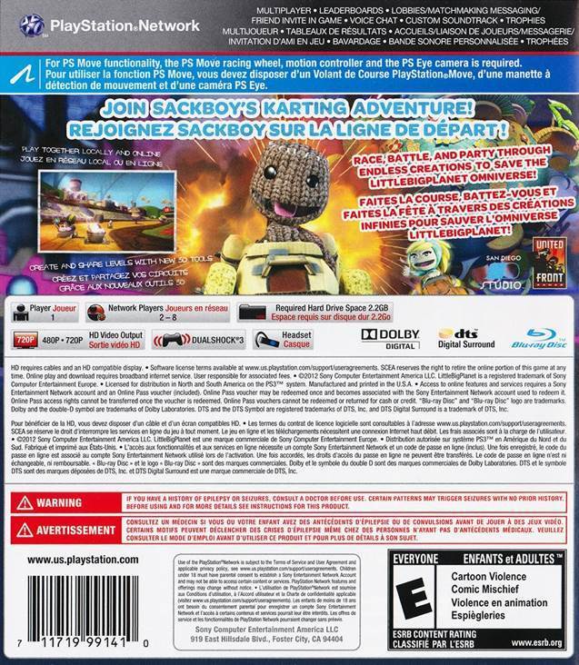LittleBigPlanet: Karting - Sony PlayStation 3 (PS3) (Sony Computer Entertainment - 1-4) video game collectible [Barcode 711719991410] - Main Image 2