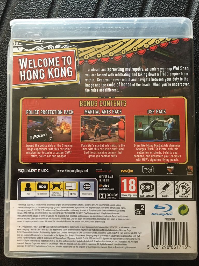 Sleeping Dogs - Sony PlayStation 3 (PS3) (Square Enix - 1) video game collectible [Barcode 5021290051713] - Main Image 2
