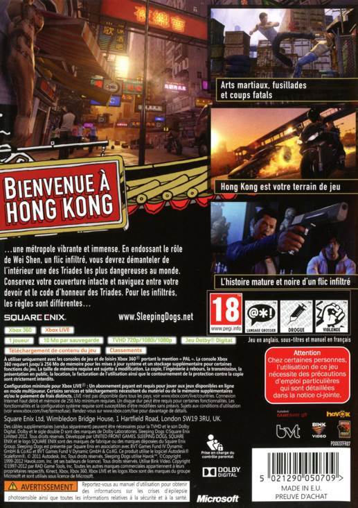 Sleeping Dogs - Microsoft Xbox 360 (Square Enix - 1) video game collectible [Barcode 662248912127] - Main Image 2