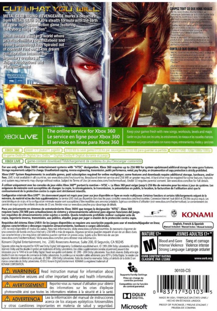Metal Gear Rising: Revengeance - Microsoft Xbox 360 (Konami - 1) video game collectible [Barcode 083717301721] - Main Image 2
