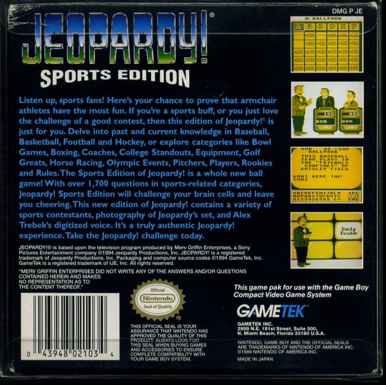 Jeopardy! Sport Edition - Nintendo Super Nintendo Entertainment System (SNES) (Gametek Inc) video game collectible [Barcode 043948021034] - Main Image 2