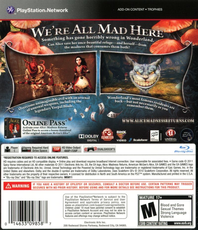 Alice Madness Returns - Sony PlayStation 3 (PS3) (Electronic Arts/EA Games - 1) video game collectible [Barcode 5030939097326] - Main Image 2