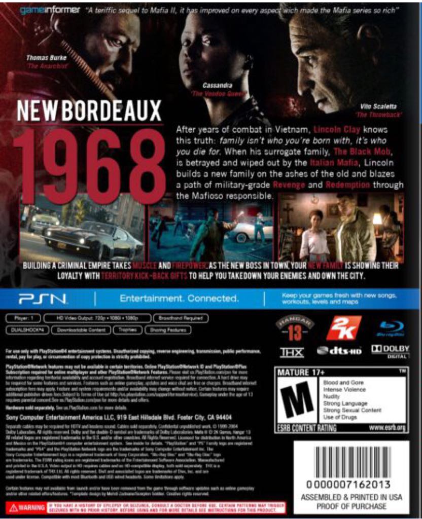 Mafia 3 - Sony PlayStation 4 (PS4) (2K Games - 1) video game collectible [Barcode 5026555287326] - Main Image 2