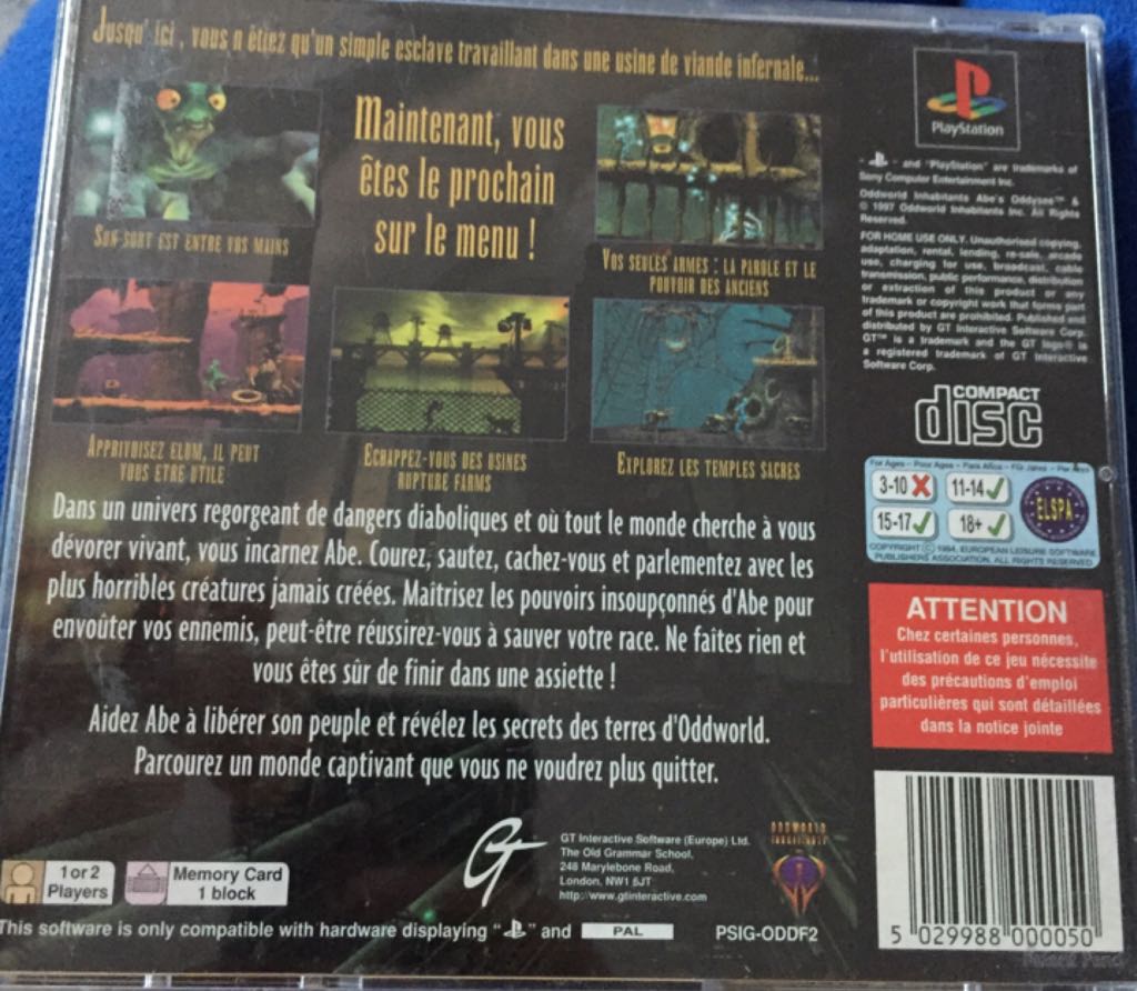 Oddworld : L’Odyssée D’Abe - Sony PlayStation (GT Interactive Software - 1) video game collectible [Barcode 5029988000050] - Main Image 2