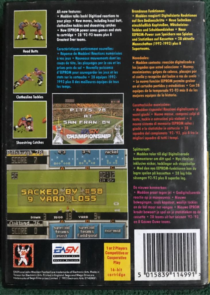 John Madden Football ’93 - Sega Mega Drive (Ea Sports - 1-2) video game collectible [Barcode 5015839114991] - Main Image 2