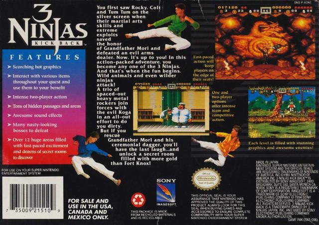 3 Ninjas Kick Back - Nintendo Super Nintendo Entertainment System (SNES) (Sony Imagesoft - 1-2) video game collectible [Barcode 735009215109] - Main Image 2