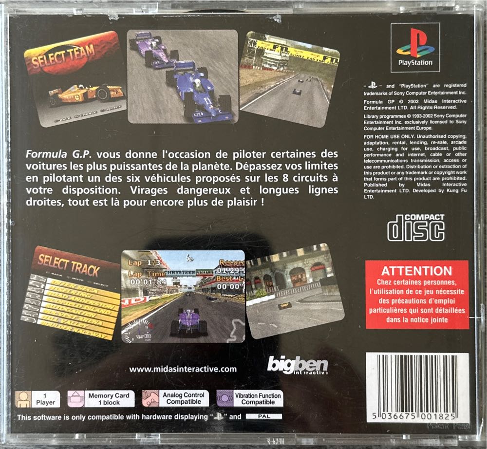 Formula Gp - Sony PlayStation (Kung Fu Factory) video game collectible [Barcode 5036675001825] - Main Image 2