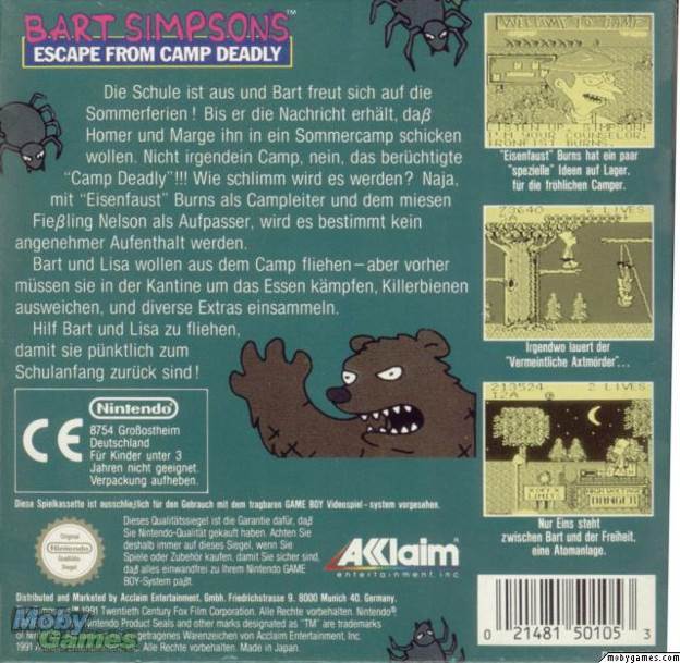 Bart Escape From Camp Deadly - Nintendo Game Boy (Acclaim) video game collectible - Main Image 2