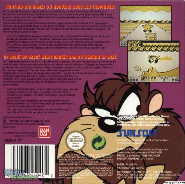 Gameboy: Tazmania - Nintendo Game Boy (SunSoft) video game collectible - Main Image 2