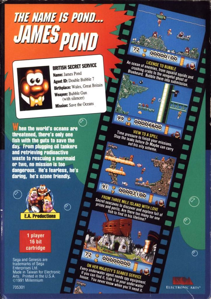 James Pond Underwater Agent - Sega Genesis (Mega Drive) ((EA) Electronic Arts - 1) video game collectible [Barcode 0014633070538] - Main Image 2