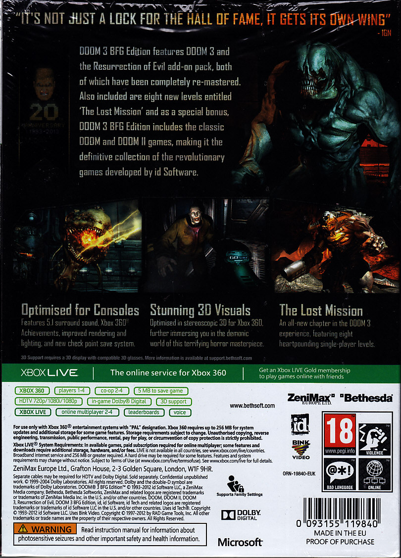 Doom 3 - BFG Edition - Microsoft Xbox 360 (Bethesda - 4) video game collectible [Barcode 093155119840] - Main Image 2