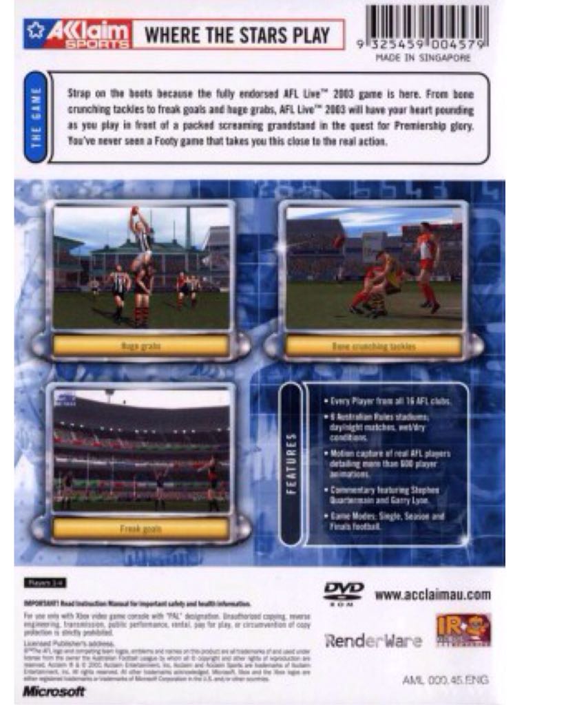 AFL Live 2003 - Microsoft Xbox (Acclaim Entertainment - 1-2) video game collectible [Barcode 9325459004579] - Main Image 2
