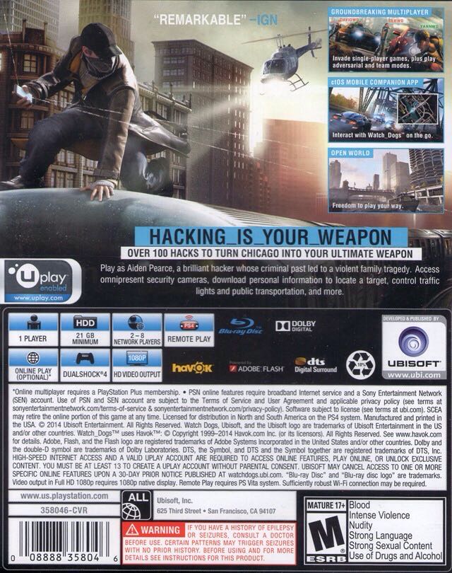 Watch Dogs - Sony PlayStation 4 (PS4) (Ubisoft - 1) video game collectible [Barcode 008222358541] - Main Image 2
