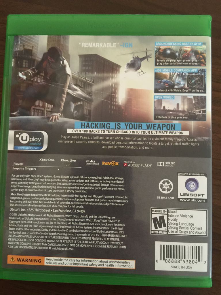 Watch Dogs - Microsoft Xbox One (Ubisoft - 1) video game collectible [Barcode 008222538042] - Main Image 2