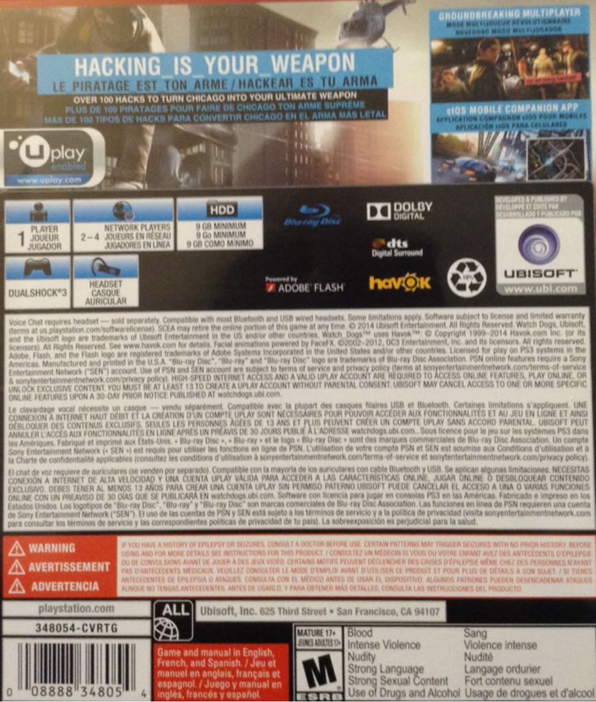 Watch Dogs - Sony PlayStation 3 (PS3) (Ubisoft - 1-6) video game collectible [Barcode 008888348054] - Main Image 2