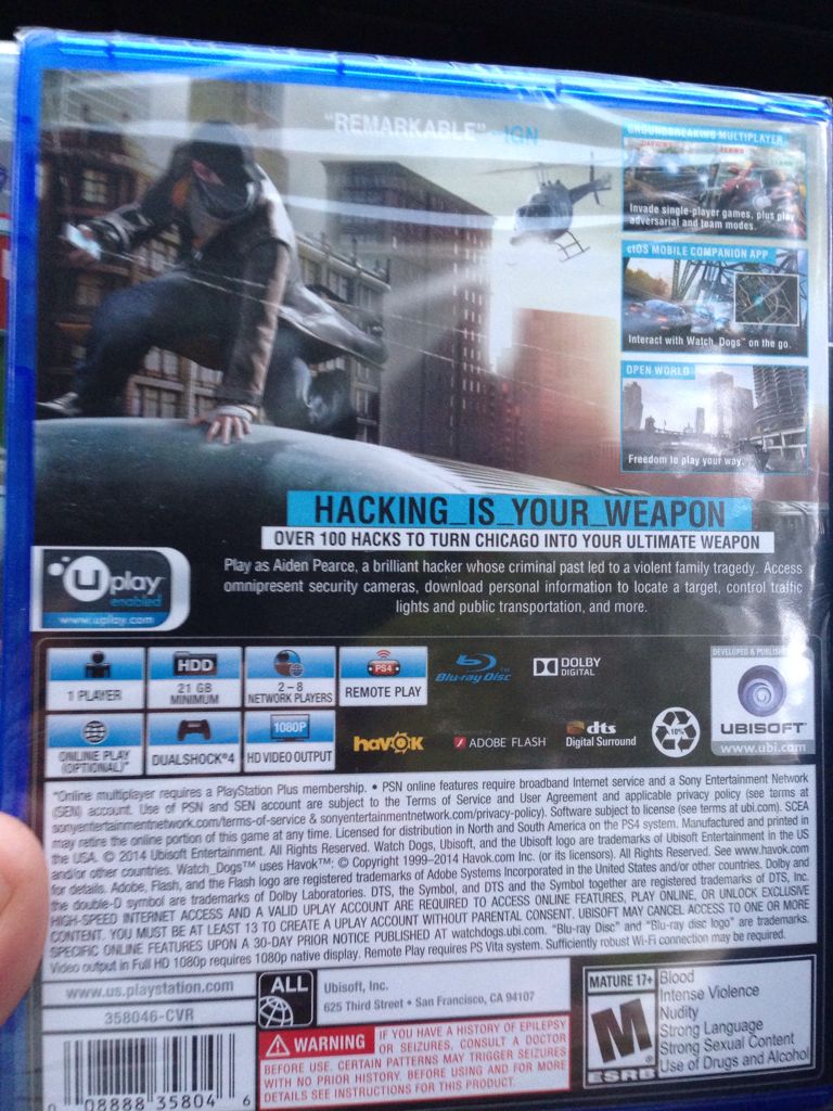 Watch Dogs - Sony PlayStation 4 (PS4) (Ubisoft - 1) video game collectible [Barcode 008888358046] - Main Image 2