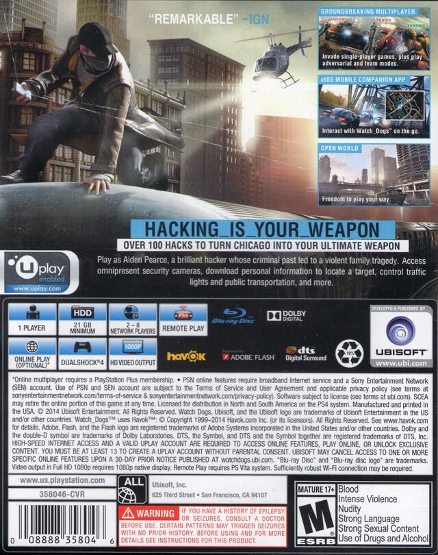 Watch Dogs - Sony PlayStation 4 (PS4) (Ubisoft) video game collectible [Barcode 008888358107] - Main Image 2