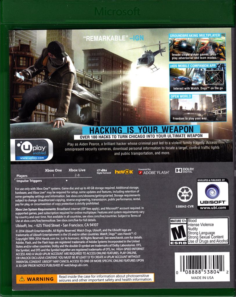 Watch Dogs - Microsoft Xbox One (Ubisoft - 1) video game collectible [Barcode 008888538042] - Main Image 2