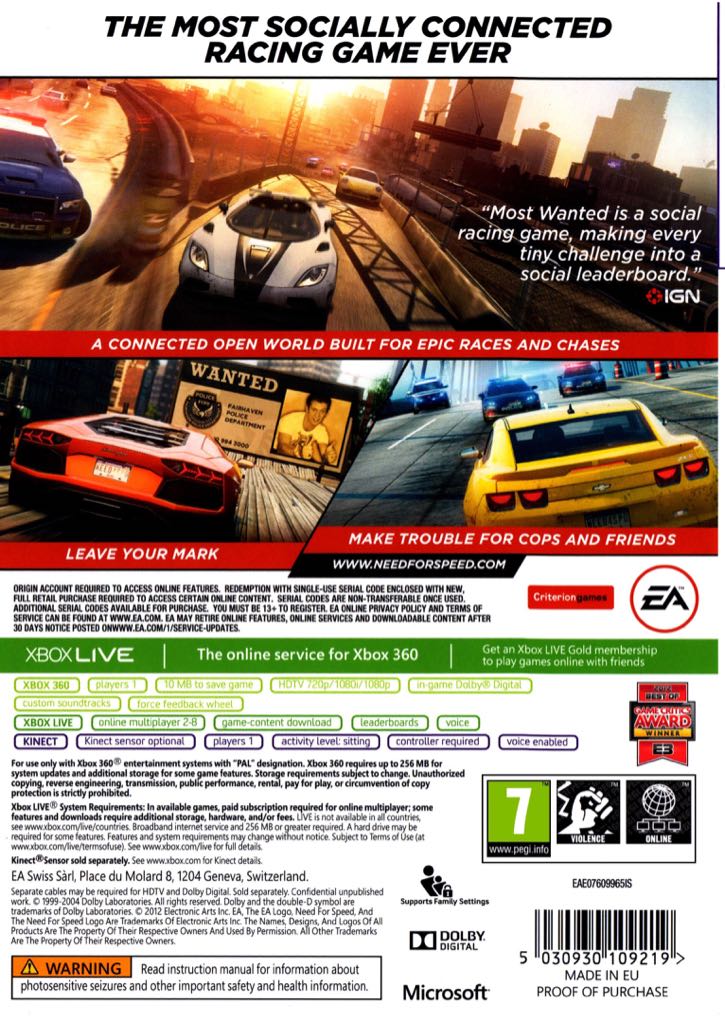 Need for Speed: Most Wanted - Microsoft Xbox 360 (Criterion Games - 1) video game collectible [Barcode 5030946109210] - Main Image 2