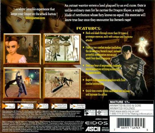 Sword of the Berserk - Guts’ Rage - Sega Dreamcast (Eidos Interactive - 1) video game collectible [Barcode 788687452045] - Main Image 2