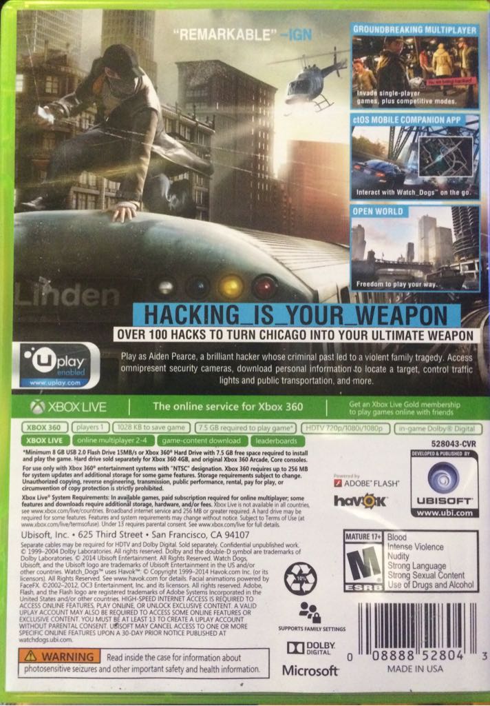 Watchdogs (XBOX 360) - Microsoft Xbox 360 (Ubisoft - 1) video game collectible [Barcode 008888528043] - Main Image 2