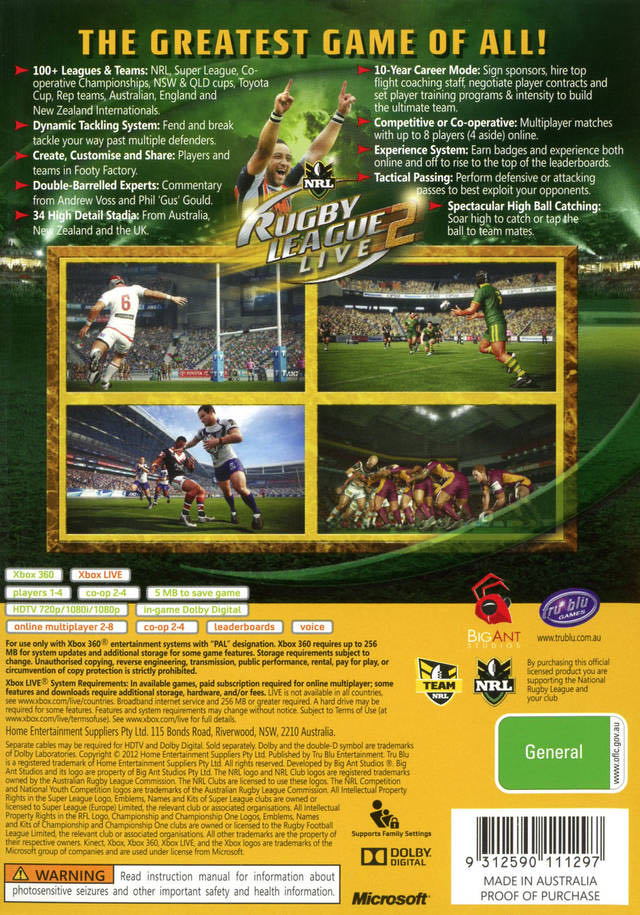 Rugby League Live 2 - Microsoft Xbox 360 (Tru Blu Entertainment - 1-8) video game collectible [Barcode 9312590111327] - Main Image 2