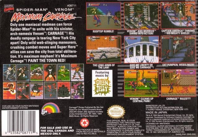 Spider-Man and Venom: Maximum Carnage - Nintendo Super Nintendo Entertainment System (SNES) (Acclaim Entertainment - 1) video game collectible - Main Image 2