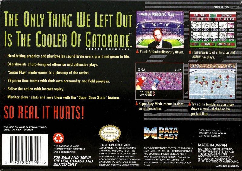 ABC Monday Night Football - Nintendo Super Nintendo Entertainment System (SNES) (Data East - 1-2) video game collectible [Barcode 013250011054] - Main Image 2