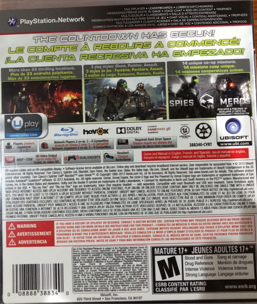 Splinter Cell: Blacklist - Sony PlayStation 3 (PS3) (Ubisoft Inc. - 1-2) video game collectible [Barcode 008888388340] - Main Image 2