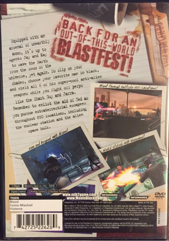 Men in Black II: Alien Escape - Sony PlayStation 2 (PS2) (Infogrames - 1) video game collectible [Barcode 742725226289] - Main Image 2