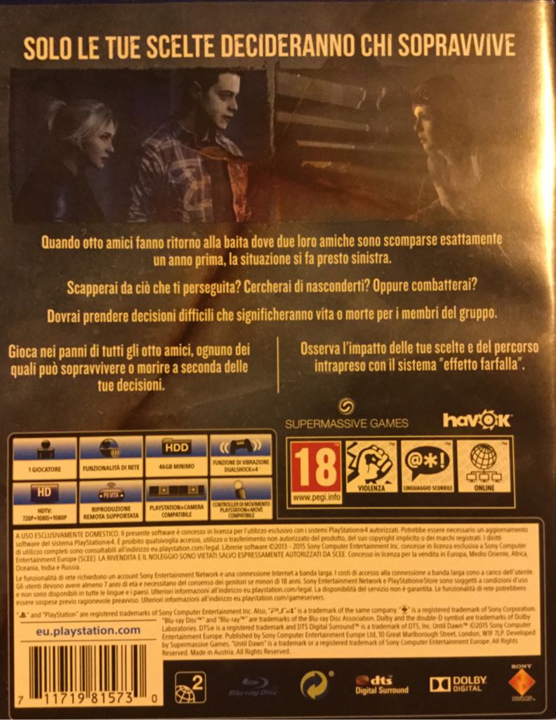 Until Dawn - Sony PlayStation 4 (PS4) (Supermassive Games - 1) video game collectible [Barcode 711719815730] - Main Image 2