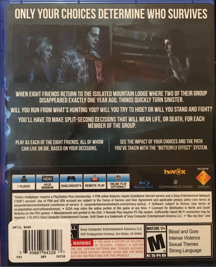 Until Dawn - Sony PlayStation 4 (PS4) (Havok - 1) video game collectible [Barcode 799007843207] - Main Image 2