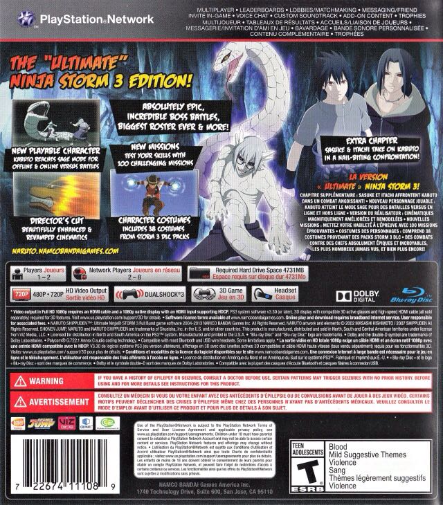 PS3 / Naruto Shippuden Ultimate Ninja Storm 3 - Sony PlayStation 3 (PS3) (Bandai Namco - 1-2) video game collectible [Barcode 3391891974318] - Main Image 2