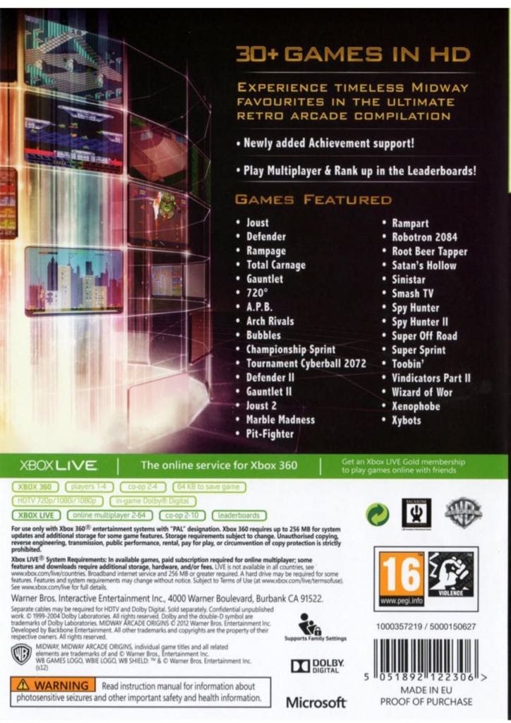 Midway Arcade Origins - Microsoft Xbox 360 (WB Games - 999) video game collectible [Barcode 883929288014] - Main Image 2