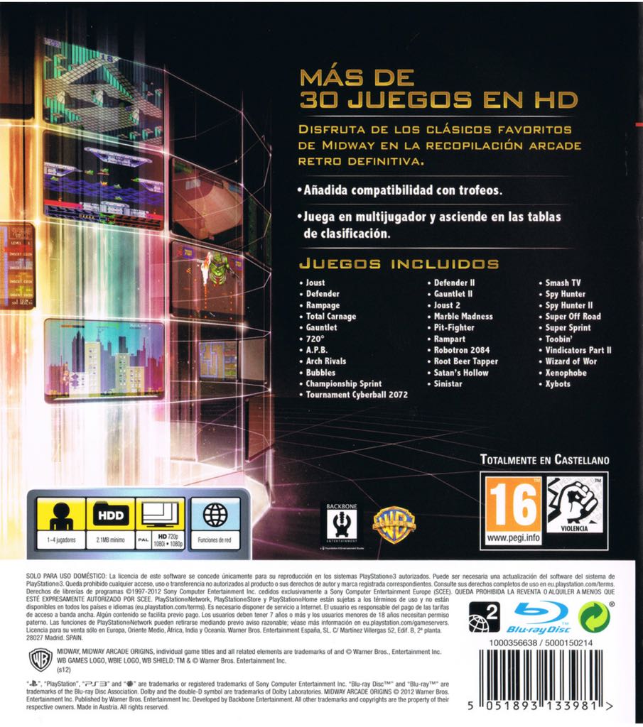 Midway Arcade Origins - Sony PlayStation 3 (PS3) (Warner Bros. - 1-4) video game collectible [Barcode 883929288021] - Main Image 2