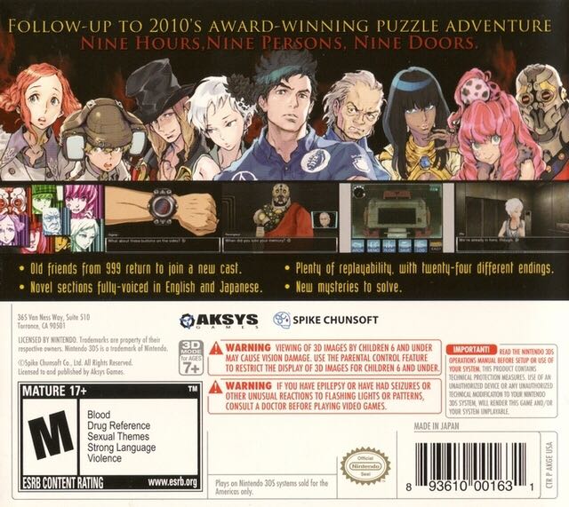Zero Escape: Virtue’s Last Reward - Nintendo 3DS (Aksys Games - 1) video game collectible [Barcode 893610001631] - Main Image 2