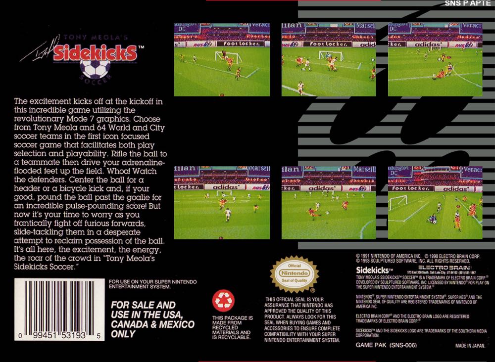 Tony Meola’s Sidekicks Soccer - Nintendo Super Nintendo Entertainment System (SNES) (Electro Brain - 1-2) video game collectible - Main Image 2