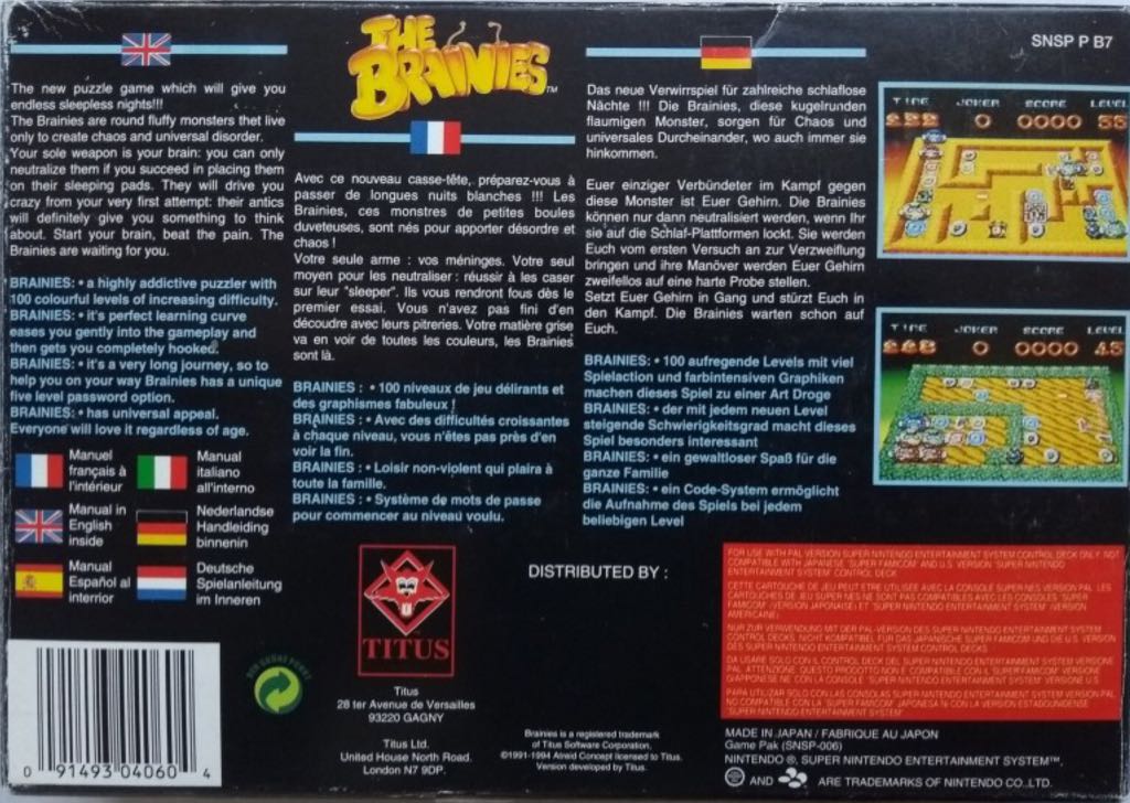 The Brainies - Nintendo Super Nintendo Entertainment System (SNES) (Titus) video game collectible [Barcode 091493040604] - Main Image 2