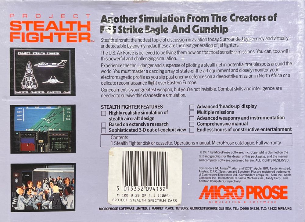 Project Stealth Fighter - Sinclair ZX Spectrum (Microprose Ltd) video game collectible - Main Image 2