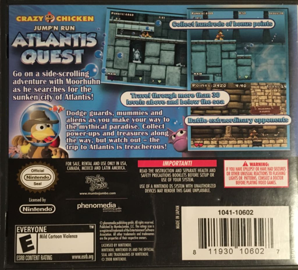 Crazy Chicken Atlantis Quest - Nintendo DS (Mumbo Jumbo - 1) video game collectible [Barcode 811930106027] - Main Image 2